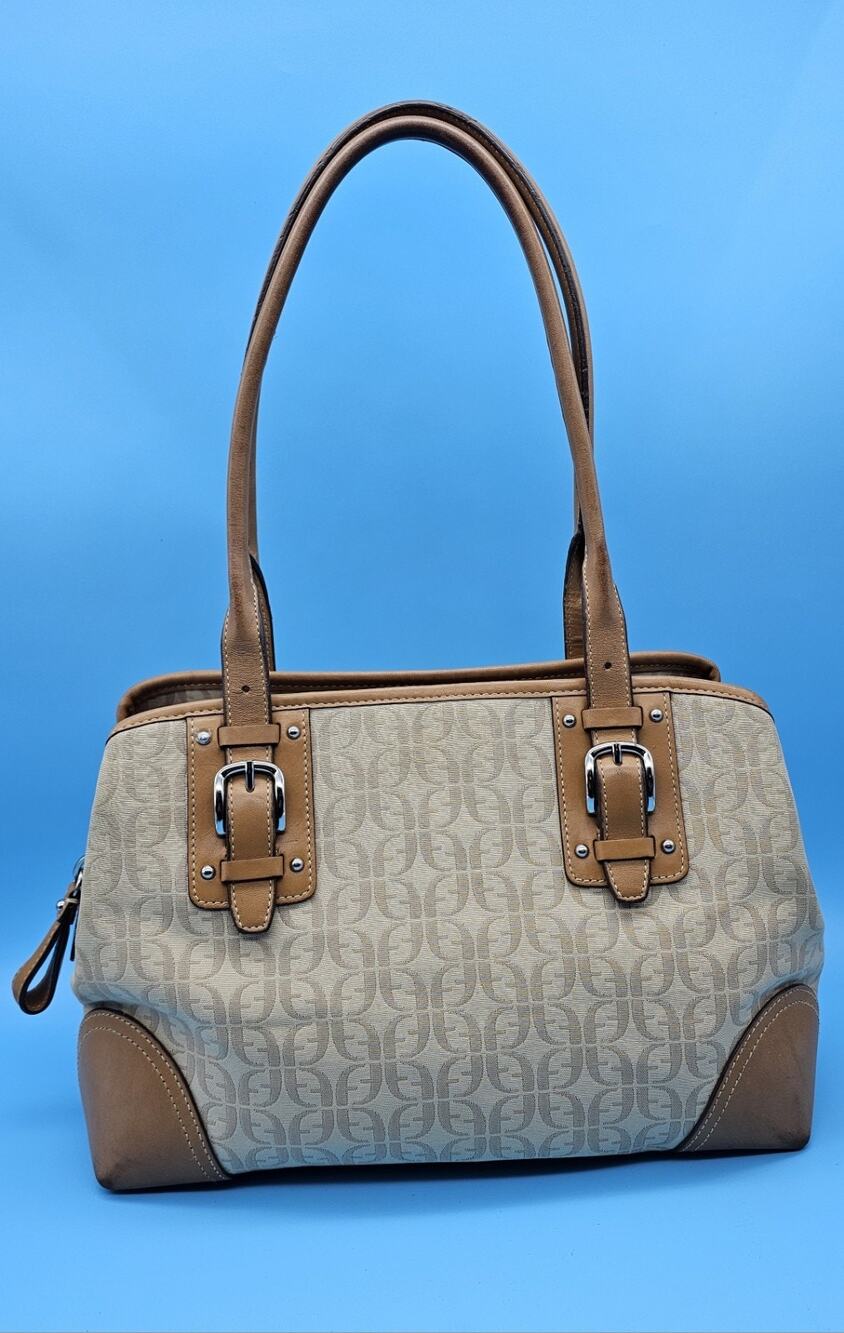 Fossil Tan Canvas Leather Trim Shoulder HandBag Signature Purse Quiet Luxury